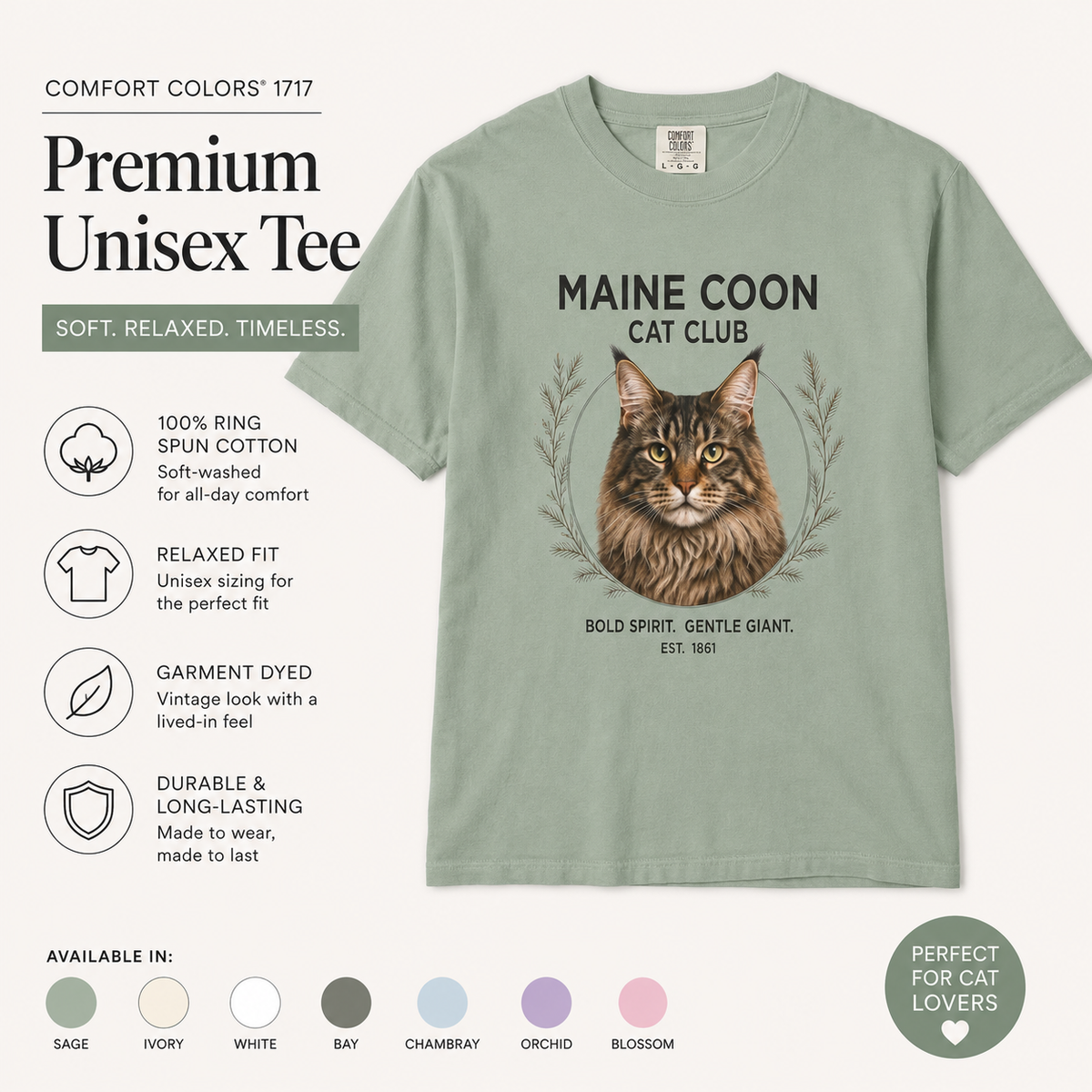 Maine Coon Cat Club T-Shirt | Illustrated Maine Coon Portrait | Gift for Maine Coon Cat lover