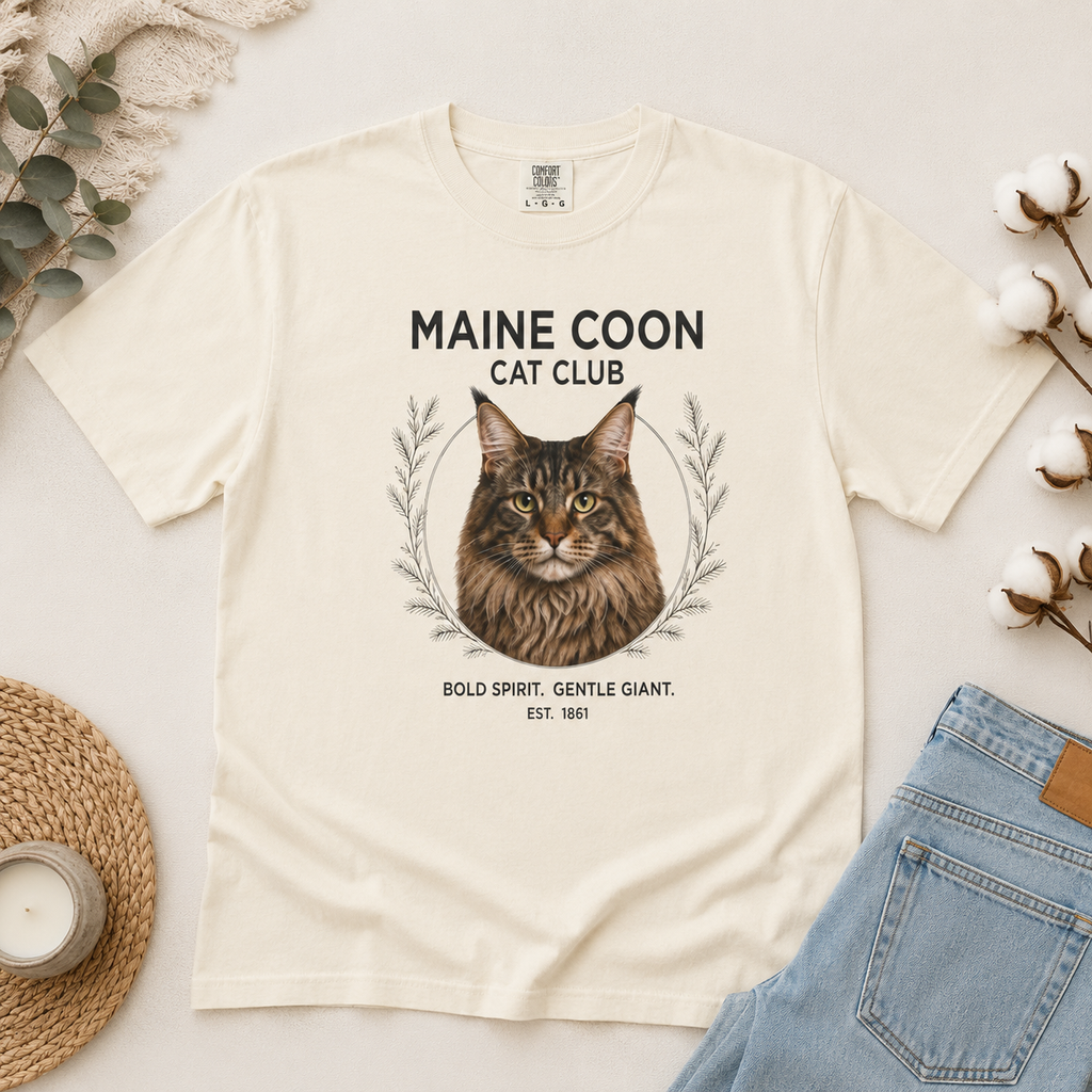 Maine Coon Cat Club T-Shirt | Illustrated Maine Coon Portrait | Gift for Maine Coon Cat lover