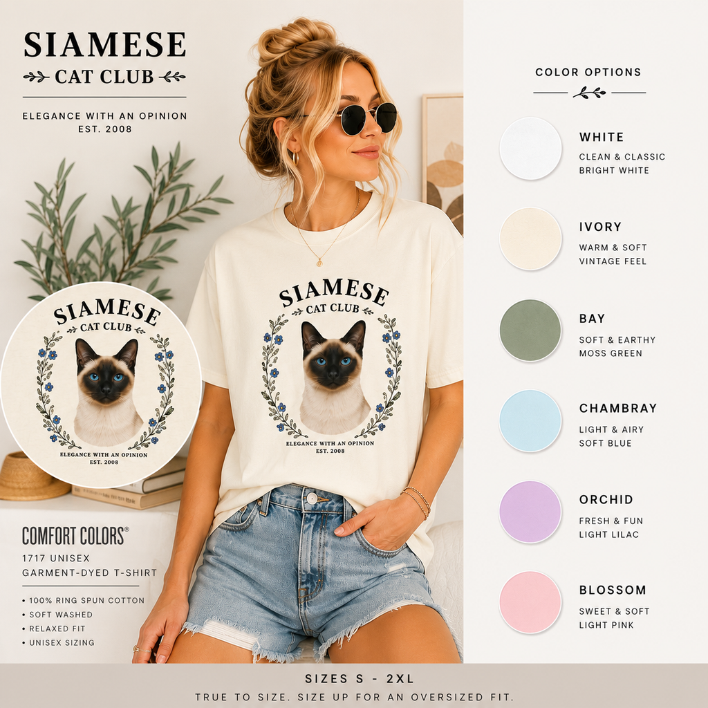 Siamese Cat Club shirt color options in white, ivory, bay, chambray, orchid, and blossom