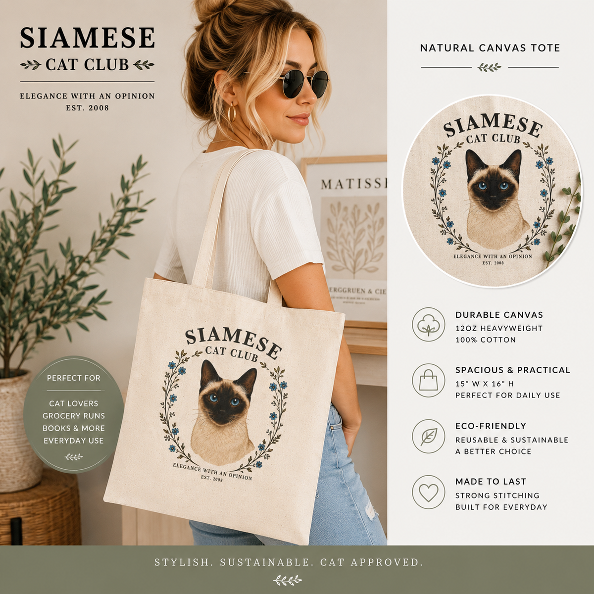 woman holding siamese tote bag with bag description