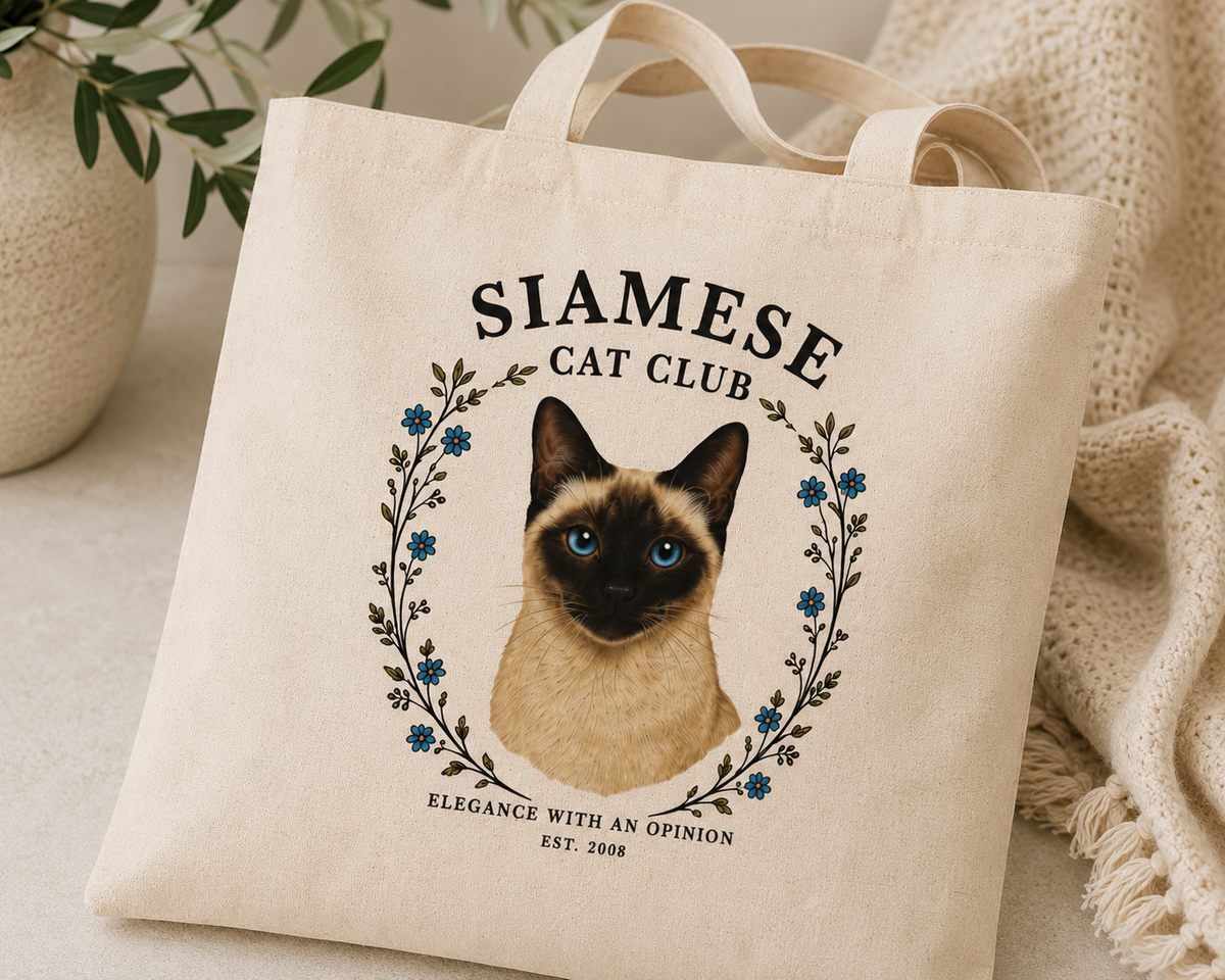 siamese cat club tote bag with floral design